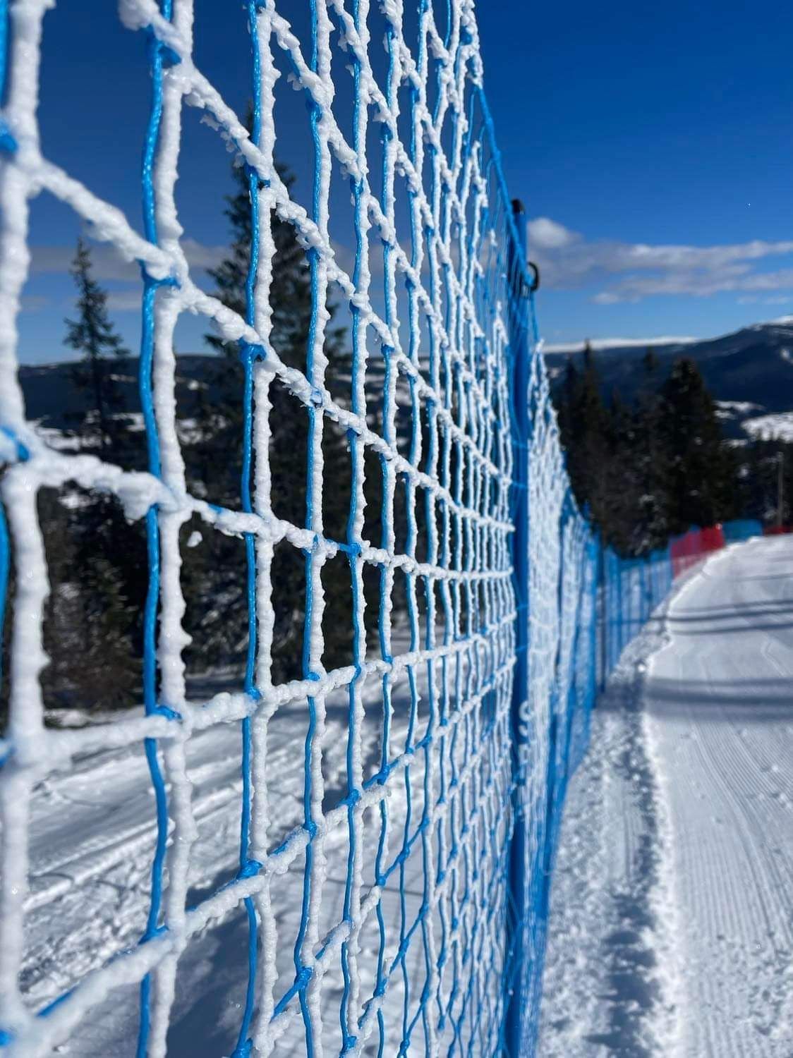 Blått sikkerhetsnett langs en alpinbakke